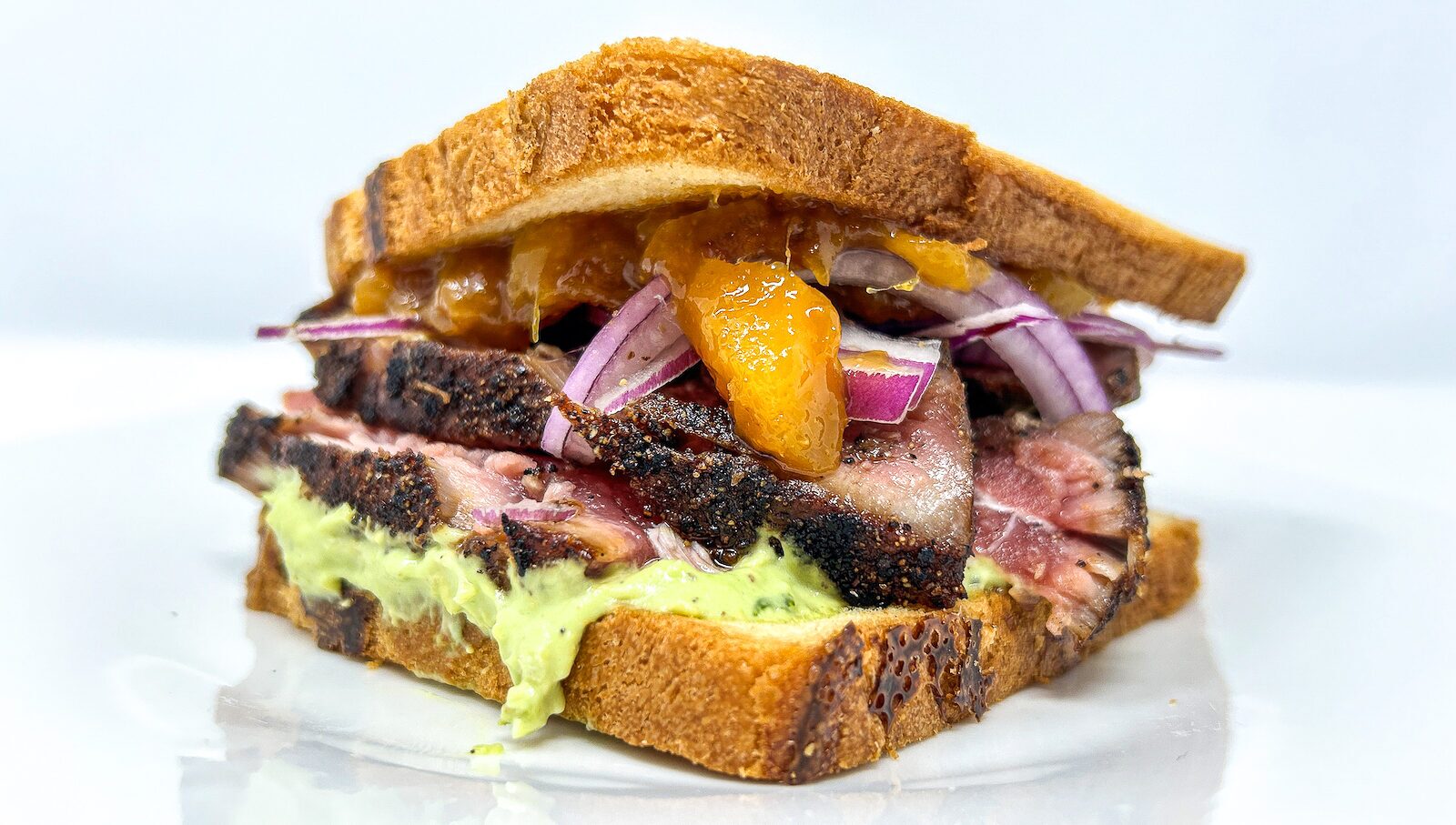 Seared Ahi Tuna Sandwich with Avocado Aioli and Chipotle Guava Mango Jam