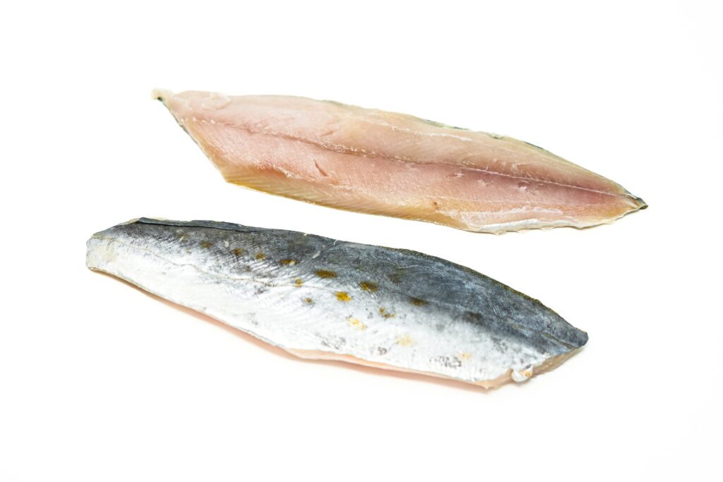 Two fresh Spanish mackerel fillets with scored skin on white background ready to be fried