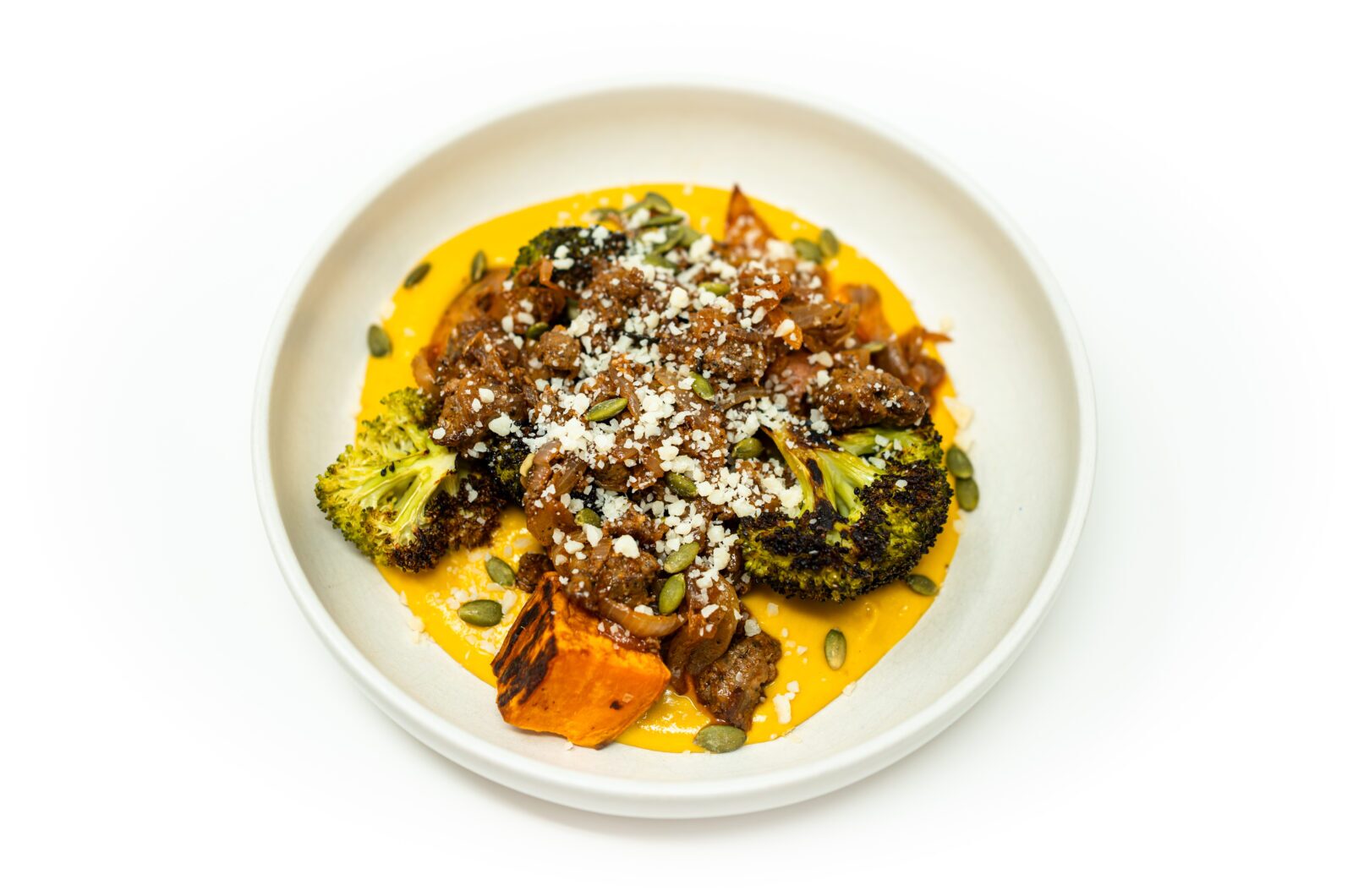 French-Style Ground Lamb with Roasted Broccoli, Sweet Potato, and Butternut Squash Purée