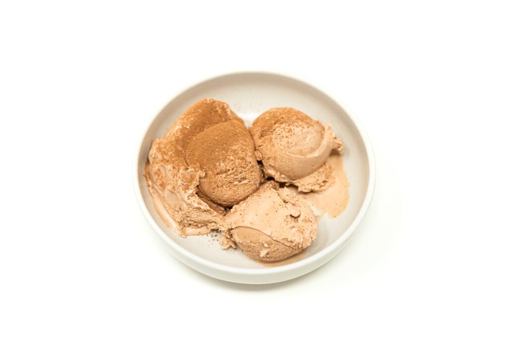 Three scoops of dark chocolate ice cream dusted with raw cocoa powder in a shallow ceramic bowl.