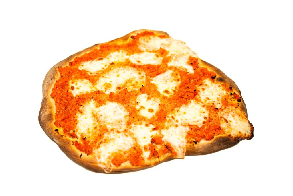 A blistered pizza crust topped with dense lacto-fermented tomato pulp and melted fresh mozzarella, finished with basil and olive oil.