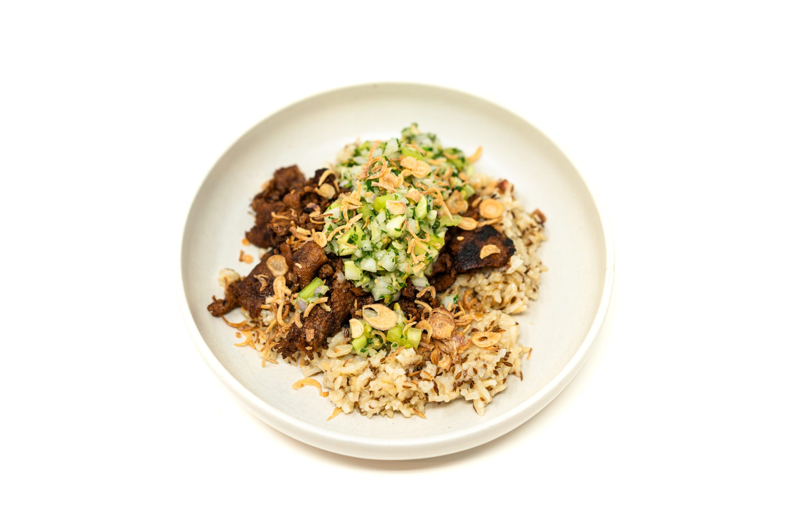 Shaved pork butt glazed in dark soy over crispy cumin rice topped with bright diced green tomato and fried shallots.